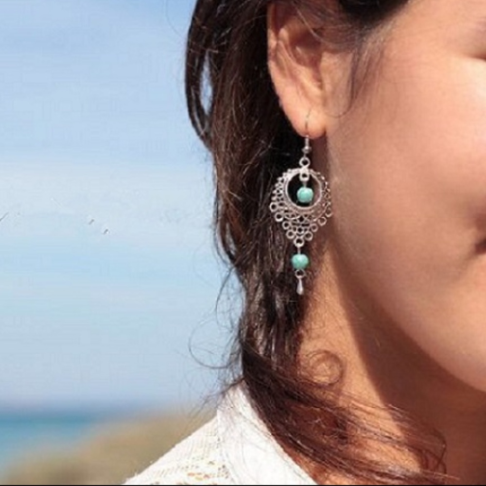 New Shiny Silver Fashion Drop Turquoise Earrings - Picture 4 of 5